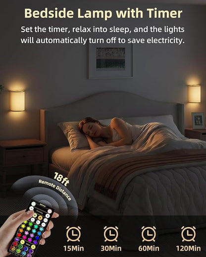 EZVALO Battery Operated Wall Sconce, Wireless Wall Sconces Set of Two with Remote, 3 Color & 80 RGB Rechargeable Wall Lights, Dimmable, Timer, Fabric Linen Shade Wall Decor for Bedroom (White)