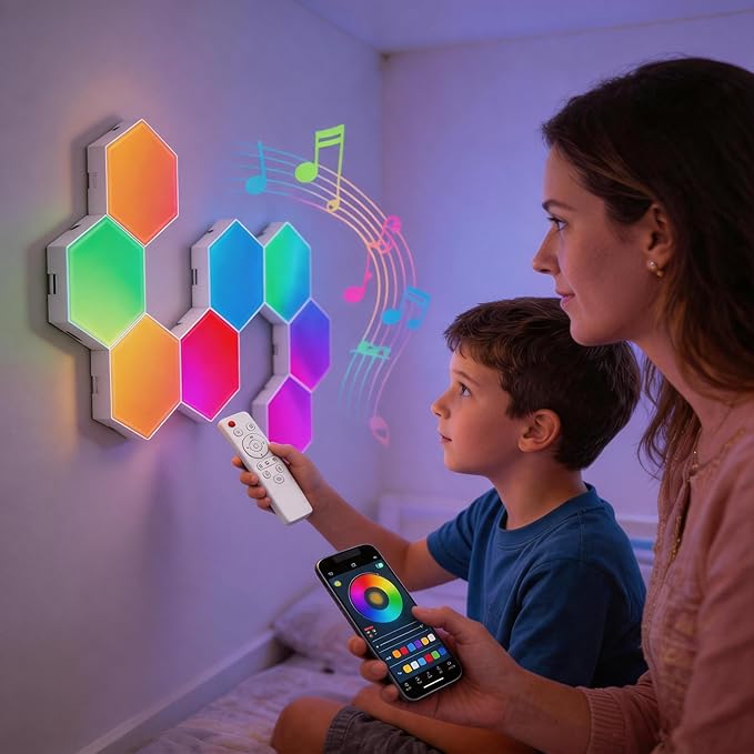 TISOFU 8 Pack Hexagon Lights LED Wall Panels, RGB Color Gaming Light Decoration with APP/Music Sync & Remote, Boys DIY Smart Modular Hexagonal Honeycomb Bedroom Glide Hex Tiles Panel