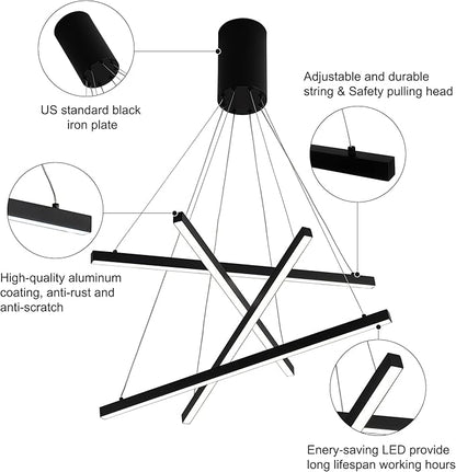 Modern Led Chandelier, High Ceiling Chandelier, Linear Chandelier 4 Lights Black Dimmable Large Pendant Light 51.8“ for Living Room Staircase Entry Foyer Lobby Office Duplex