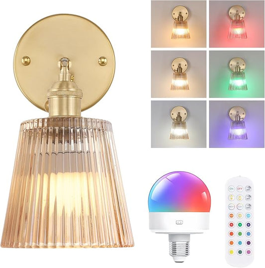 Shenmoyl Vintage Battery Operated Wall Sconce with Amber Stripe Glass Lampshade Rechargeable Battery Powered Wall Light with Remote Control for Bedside Bedroom Doorway