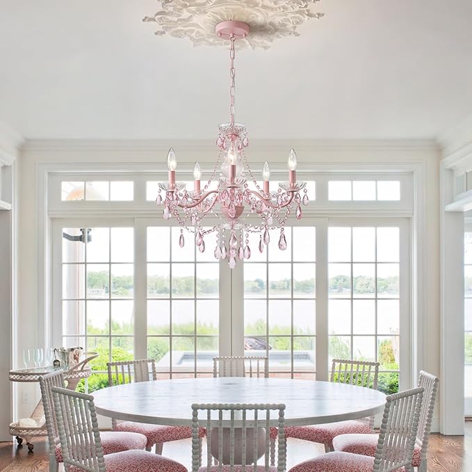 AMZASA Modern Crystal Pink Chandelier, Not Acrylic Crystal,Pink Crystals Hanging Pendant Light for Girls Room,Ceiling Medallions, Farmhouse Glass Chandelier for Wedding, Kitchen, Dining,Foyer,Island