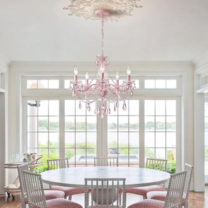 AMZASA Modern Crystal Pink Chandelier, Not Acrylic Crystal,Pink Crystals Hanging Pendant Light for Girls Room,Ceiling Medallions, Farmhouse Glass Chandelier for Wedding, Kitchen, Dining,Foyer,Island