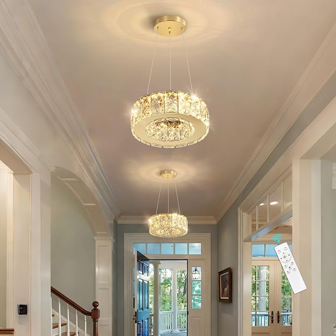Modern Crystal Chandelier 8W Dimmable LED Crystal Pendant Light Fixtures Height Adjustable Round Gold Chandeliers for Dining Room Hallway Bedroom
