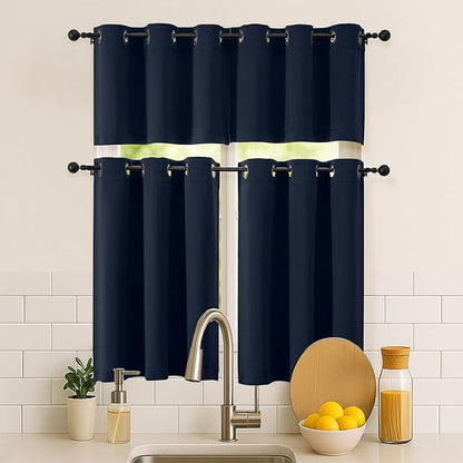 Simplebrand Navy Blue Window Valance for Kitchen 14 Inches Long 2 Panels Set, Room Darkening Valance Curtains for Living Room, Grommet Short Privacy Kitchen Curtains for Bedroom Kids Room, 40Wx14L