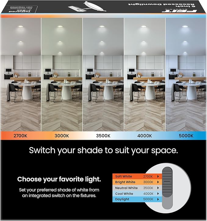 Feit Electric 6" Canless LED Recessed Downlight, 65W Equivalent, Non-Dimmable, Battery Backup, 5 Selectable Color Temperatures, Low-Clearance Applications for Indoor/Outdoor Use, LEDR6XT/BAT/5CCTCA