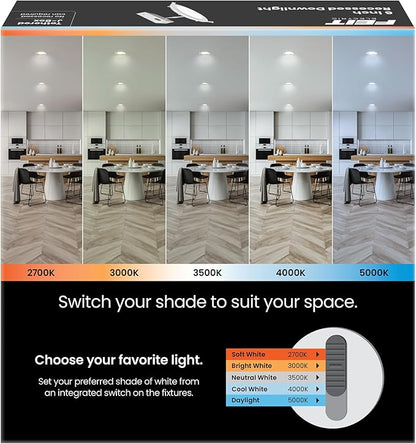 Feit Electric 6" Canless LED Recessed Downlight, 65W Equivalent, Non-Dimmable, Battery Backup, 5 Selectable Color Temperatures, Low-Clearance Applications for Indoor/Outdoor Use, LEDR6XT/BAT/5CCTCA