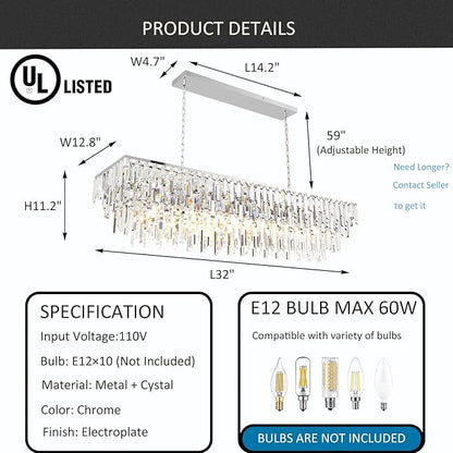 Modern Chrome Rectangle Chandelier, 10 Lights Linear Luxury Crystal Chandelier Top K9 Crystal Rectangular Ceiling Pendant Light Fixture for Dining Room Kitchen Table Living Room