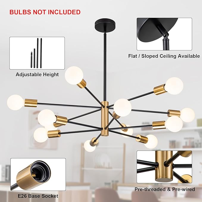 SINERISE Modern Sputnik Chandelier Light Fixture, 12-Light Chandelier Ceiling Light Fixture Black and Gold Mid Century Chandelier Height Adjustable for Kitchen, Living Room, Bedroom, Hallway and Foyer
