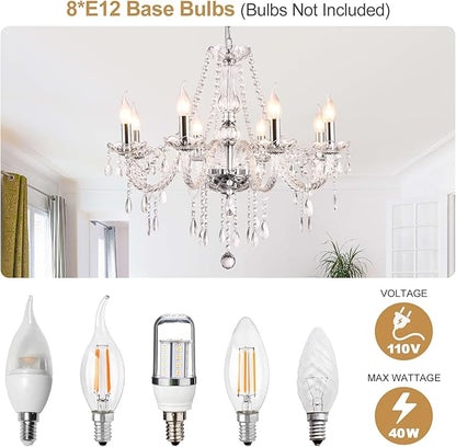 Baotree Modern Elegant 8 Lights K9 Crystal Glass Chandelier Pendant Ceiling Lighting European Style for Dining Living Room Bedroom Transparent, 8 E12 Bulbs Required