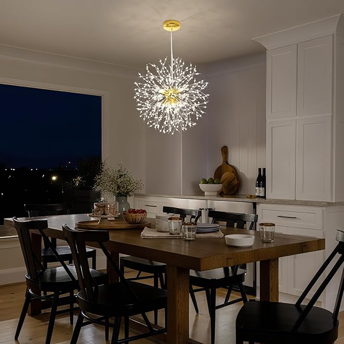 Qamra Modern Gold Crystal Chandeliers, Firework Dandelion Sputnik Chandelier Light Fixture Pendant Lighting for Living Room, Dining Room, Bedroom, Kitchen(8-Light, Gold)