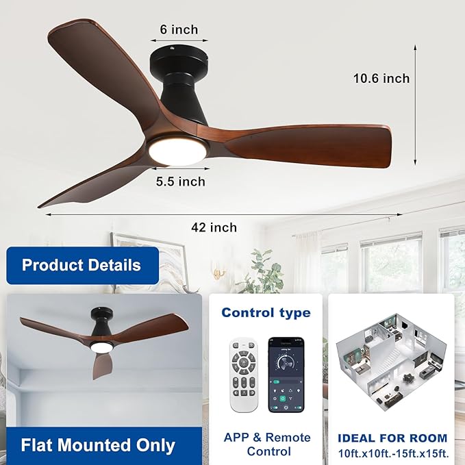 DLLT 42-Inch Ceiling Fans with Lights: Flush Mount Ceiling Fan 3 Blades for Indoor Outdoor - Dimmable Ceiling Fan with Remote APP Control Noiseless DC Motor for Low Profile Bedroom