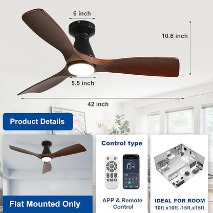 DLLT 42-Inch Ceiling Fans with Lights: Flush Mount Ceiling Fan 3 Blades for Indoor Outdoor - Dimmable Ceiling Fan with Remote APP Control Noiseless DC Motor for Low Profile Bedroom