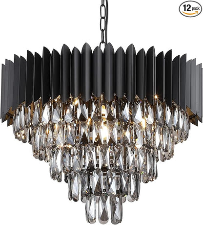 A AXILIXI Black Crystal Chandeliers,Contemporary 24'' Modern Ceiling Lights Fixtures Flush Mount Pendant Light 12 Lights 5-Tiers K9 Large Hanging Lamp for Entryway Dinning Room Living Room Bedroom