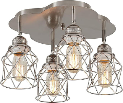 4-Lights Kitchen Light Fixtures Ceiling Mount, Adjustable Multi-Directional Brushed Nickel Flush Mount Ceiling Light, Vintage Metal Cage Farmhouse Lamp for Hallway, Dining Room, Foyer, Entryway