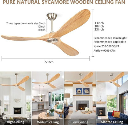 72” Ceiling Fans Without Lights, Wood Ceiling Fan with Remote Control No Light, Modern Propeller Ceiling Fan with 3 Blades,Brushed Nickel Outdoor Ceiling Fans for Patios (Nature Wood)