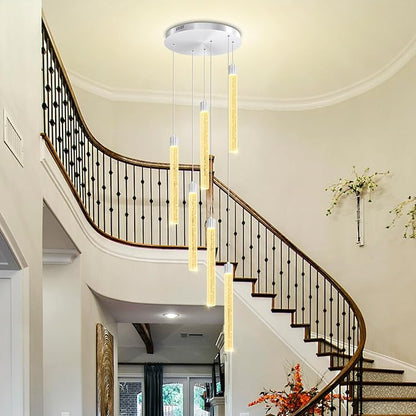 Silver 6-Light Modern Crystal Spiral Chandelier for Staircase High Ceiling Chandeliers Bubble Crystal Chandelier Lighting Cluster Hanging Light Fixture for Living Room Foyer