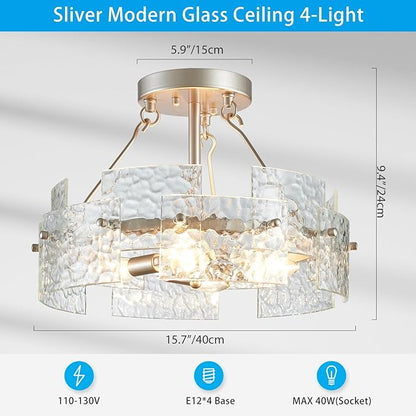 XINGQI Drum Ceiling Lights for Dining Room 4-Light Modern Farmhouse Water Ripple Glass Sliver Ceiling Lighting Fixture 15.7" Bedroom Living Room Hallway Entryway