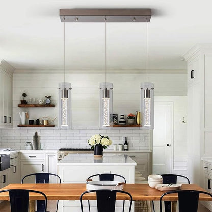 Pendant Lights Kitchen Island with Remote Control, Dimmable Brushed Nickel & Clear Cylinder, Adjustable Height Kitchen Pendant Lights, Island Lights for Kitchen, Modern Lighting Fixture
