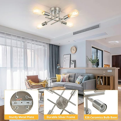 SunRider Industrial 4-Light Semi Flush Mount Ceiling Light Fixture, Brushed Nickel, Silver Farmhouse Sputnik Chandelier Pendant Lamp for Living Room