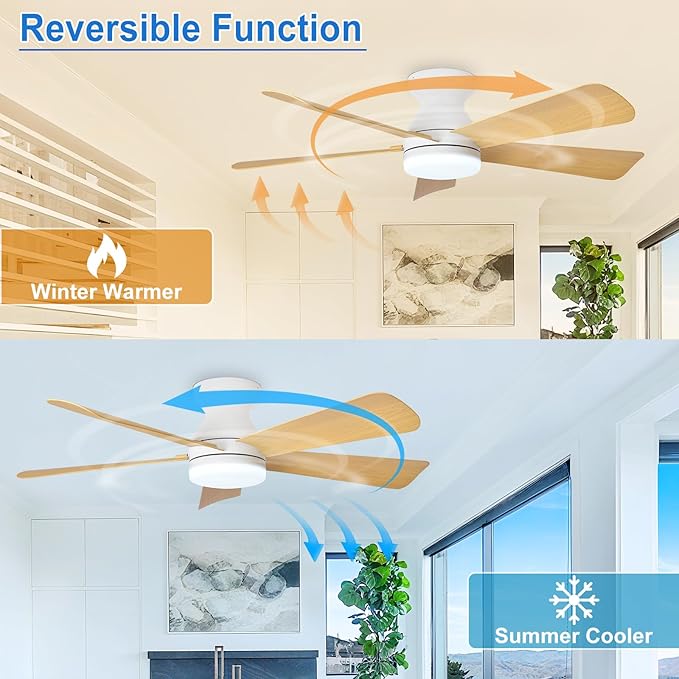 Depuley 42-Inch Ceiling Fans with Lights: Indoor/Outdoor Flush Mount Ceiling Fan with Remote Control - Wood 5 Blade Low Profile Fandelier for Kitchen Gazebo - Reversible Quiet Timer - 2 Packs
