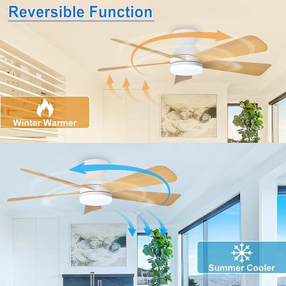 Depuley 42-Inch Ceiling Fans with Lights: Indoor/Outdoor Flush Mount Ceiling Fan with Remote Control - Wood 5 Blade Low Profile Fandelier for Kitchen Gazebo - Reversible Quiet Timer - 2 Packs