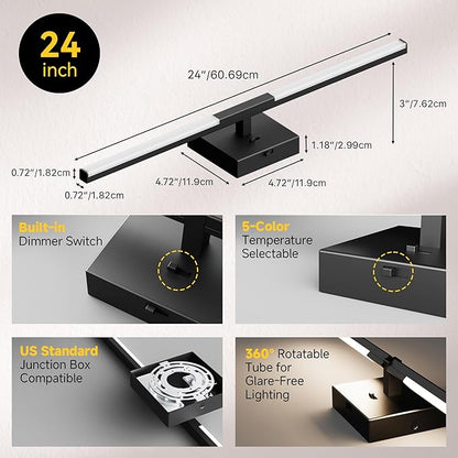 Vanity Lights 24 inch, 4-Level Brightness Built-in Dimmer, 14W Dimmable 5CCT Bathroom Light Fixtures Over Mirror, Black Vanity Lights for Bathroom Mirror Cabinets Bedroom-FCC & ETL Certified