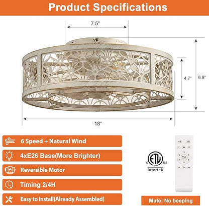 SHLUCE 18" Caged Ceiling Fan with Light, Small Flush Mount Fandelier Ceiling Fans with Lights and Remote, Rustic Low Profile Bladeless Ceiling Fan with Light for Bedroom, Kitchen, White Gold - ETL