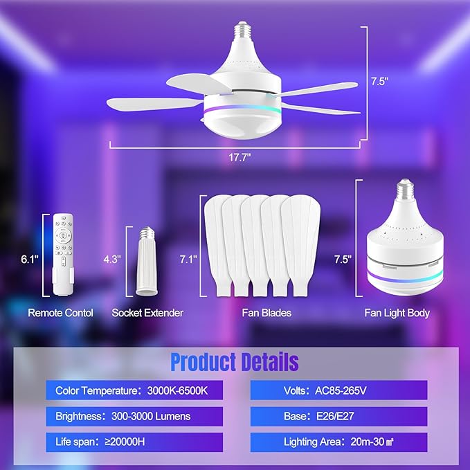 Modern Ceiling Fans with LED Lights, LED E26/E27 Screw Base Mini Light Socket Fan with Cord for Bedroom, Living Room, Kitchen, Balcony (RGB)