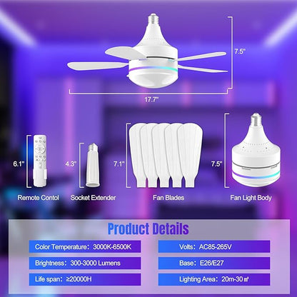 Modern Ceiling Fans with LED Lights, LED E26/E27 Screw Base Mini Light Socket Fan with Cord for Bedroom, Living Room, Kitchen, Balcony (RGB)