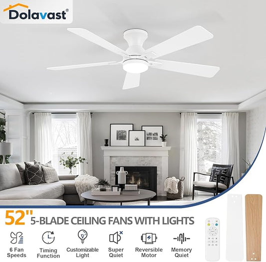 Ceiling Fans with Lights and Remote, 52 Inch White Ceiling Fan with Light, Low Profile Reversible Fandelier Ceiling Fan, Dimmable LED, Flush Mount, Quiet DC Motor, for Bedroom Kitchen