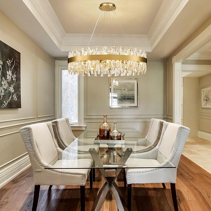 Modern Brass Gold Crystal Chandelier Lights, Round K9 Crystal Raindrop Chandelier, Pendant Ceiling Light Fixtures for Dining Living Dining Room Bedroom, Diameter 30 inches