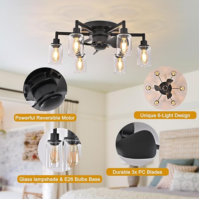Garwarm 26.4" Ceiling Fans with Lights, Black Flush Mount Ceiling Fan with Lights Remote Control,Low Profile Bladeless Ceiling Fan Light Fixture for Bedroom, Kitchen, Dining Room