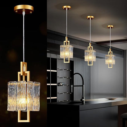 Modern Gold Pendant Light Fixtures for Kitchen Island and Dining Room, Industrial Mini Small Hanging Crystal Chandelier Lights Fixture for Entryway Hallway Foyer Living Room Bedroom 1-Pack