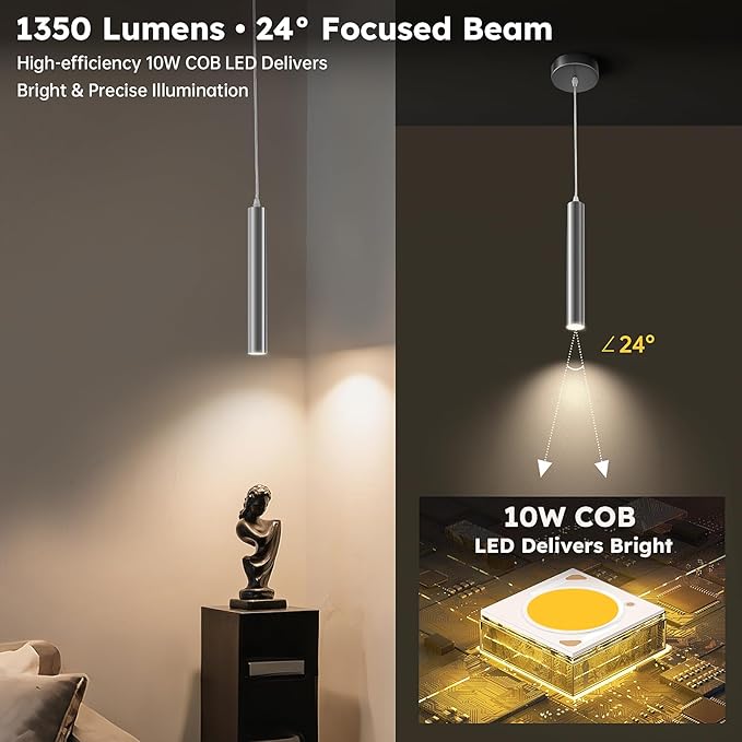 Brushed Nickel LED Pendant Light, 10W Modern Dimmable LED Downward Adjustable Hanging Spotlight, Lighting for Kitchen Island, Dining Room, Bar, 4000K Neutral White, ETL Driver, Pack of 1