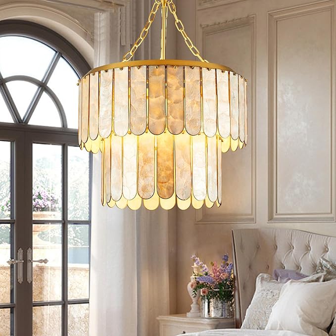 Capiz Shell Chandelier H66.2'' x D20.5'', Natural Ceiling Light Fixtures Coastal Chandeliers for Living Room Bedroom Office(More Additional Shell Parts Included) Gold