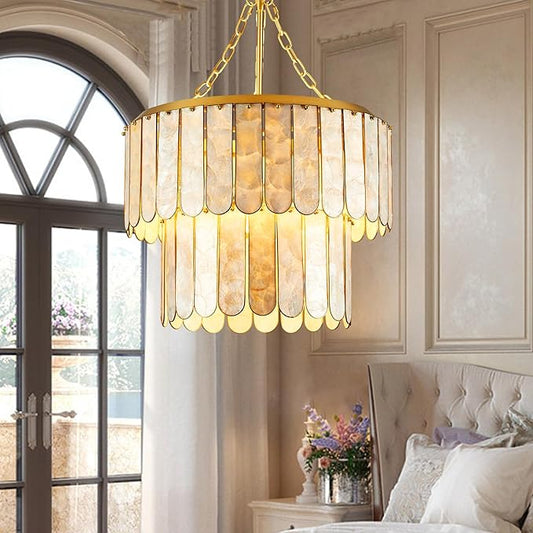Capiz Shell Chandelier H66.2'' x D20.5'', Natural Ceiling Light Fixtures Coastal Chandeliers for Living Room Bedroom Office(More Additional Shell Parts Included) Gold