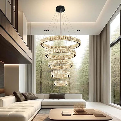Modern 5 Ring Chandeliers for High Ceiling Foyer,Luxury Dimmable Crystal Ceiling Light Fixtures Staircase Entrance Villa Large Black Chandelier D8''+15.7"+23.6"+31.5"+39.4"