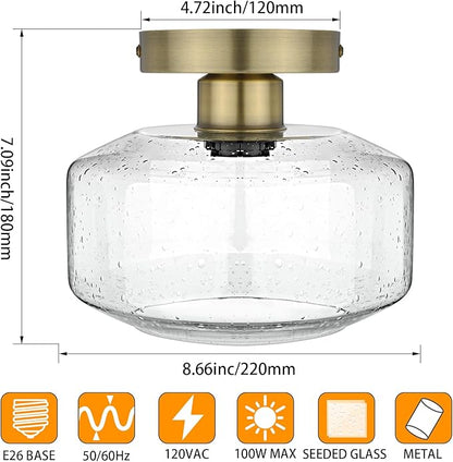SunRider Industrial Semi-Flush Mount Ceiling Light Fixture, Seeded Glass Pendant Lamp, Brass Farmhouse Lighting for Hallway Porch Corridor Bedroom