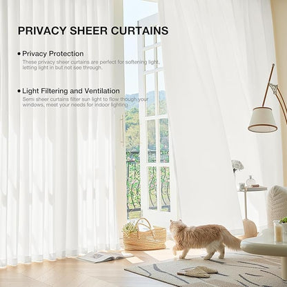 Anmao Non-See-Through Off White Privacy Semi Sheer Curtains for Living Room 96 Inch Length 2 Panels Set, Light Filtering That Let Light in Rod Pocket Window Drapes for Bedroom, 40W x 96L, Ivory White