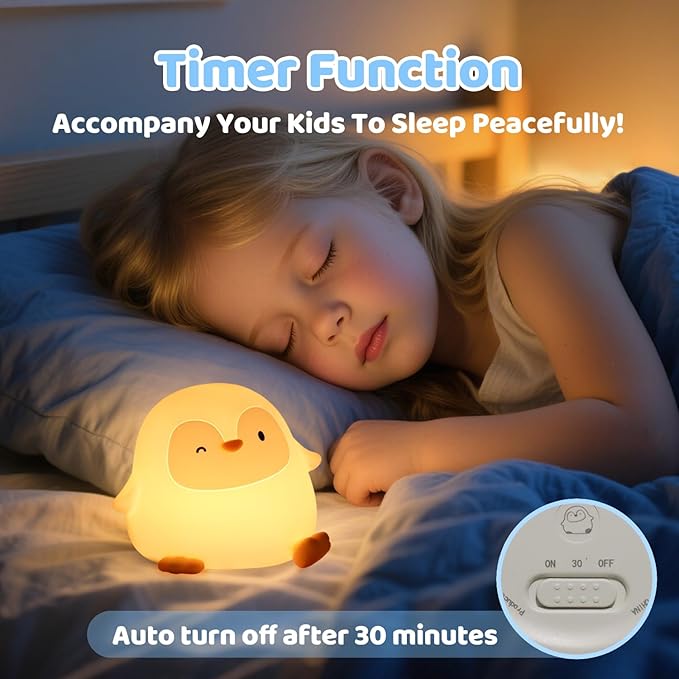 Penguin Silicone Night Light, 50H/12H Long Battery Life Touch Lamp with 30-Min Auto-Off Timer, Soft Dimmable Glow for Baby Kids Toddler Bedroom, Cute Mothers Day Gift for Children