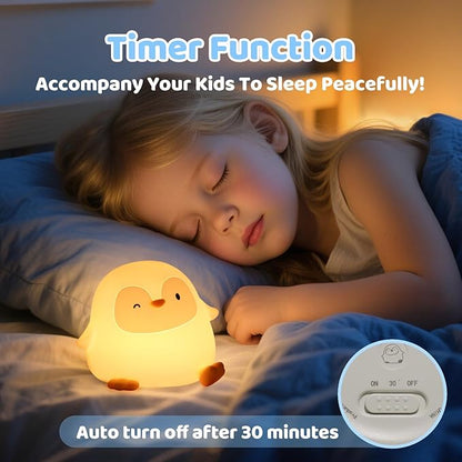 Penguin Silicone Night Light, 50H/12H Long Battery Life Touch Lamp with 30-Min Auto-Off Timer, Soft Dimmable Glow for Baby Kids Toddler Bedroom, Cute Mothers Day Gift for Children