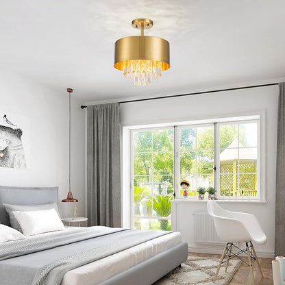 LumFurn 3-Light Luxury K9 Crystal Ceiling Light for Living Room, Foyer, Bedroom, Close to Ceiling Semi-Flushmount Light Fixture, Brass Finish Metal Lampshade & Clear Crystal Pendant