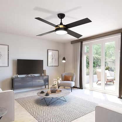 YITAHOME Black Ceiling Fans with Light and Remote, 52 Inch Gold Dimmable Fanlight for Indoor, 6 Modes with Stepless Color Temperature, Memory Function