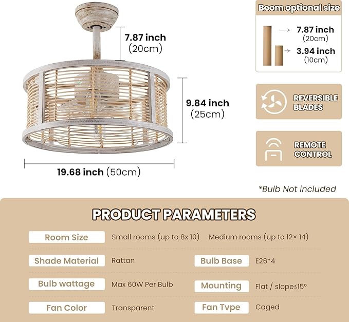 ainqiant 20 Inch Rattan Caged Ceiling Fan with Light, Boho White Fandelier Ceiling Fan with Lights and Remote, Enclosed 6 Speed for Bedroom Kitchen Dining Room