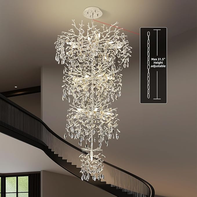 Modern Tree Branch Crystal Chandelier 91" Sliver Luxury Large Pendant Lighting 25-Light Contemporary K9 Crystal Chandeliers for Dining Room Kitchen Living Room Foyer Entryway (Sliver, H91"-Round)