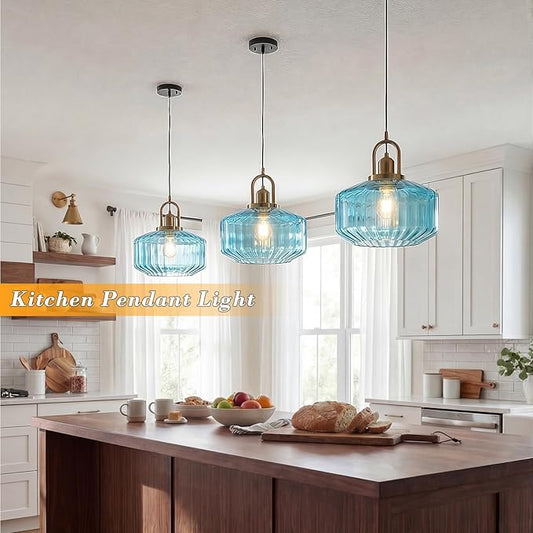 11.8in Mid Century Modern Blue Glass Pendant Light Fixture, Large Gold Kitchen Island Pendants Light Glass Ceiling Hanging Lamp for Foyer Dining Room Bedroom Entryway Hallway Over Sink