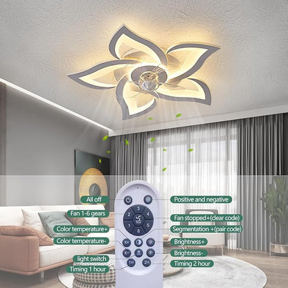 Ceiling Fan with Lights Remote Control, 3 Colors, 6 Speeds, 24" Geometric Bladeless Ceiling Fan, White Low Profile Ceiling Fan with Light for Kitchen Bedroom