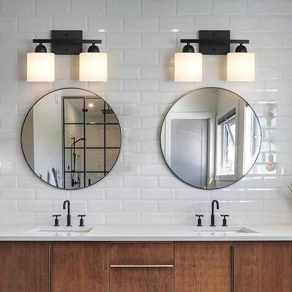 Mecgirn Milk Glass Vanity Lights for Bathroom, 2 Light Matte Black Bathroom Light Fixtures Over Mirror, Ceramic E26 Sockets Wall Mounted