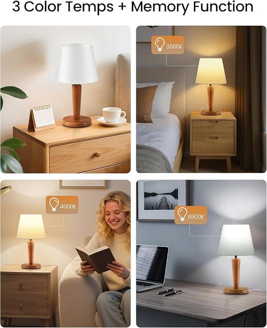 12" Wood Bedside Table Lamps Set of 2, Small Desk Lamps for Small Places, 3 Color Temperatures with Memory, White Linen Shade & E26 Bulbs, for Bedroom Living Room Office LW13TLP205