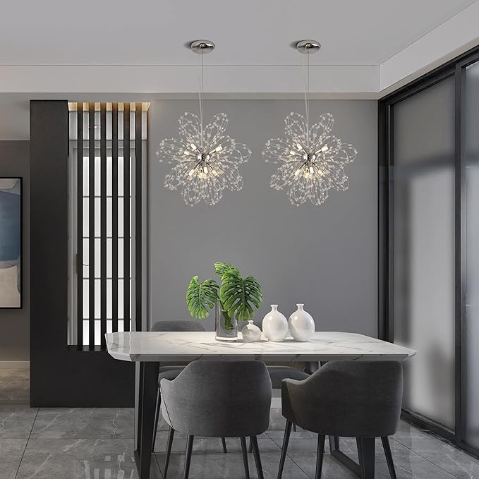 Firework Crystal Chandeliers, Modern Chrome Small Dandelion Chandelier, 8-Light Sputnik Pendant Hanging Light Fixture for Bedroom, Kitchen Island, Dining Room